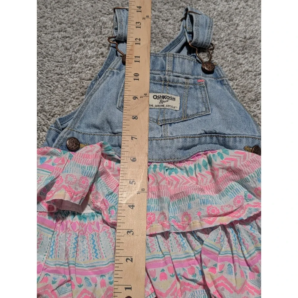 OshKosh Bgosh 12M Denim Overall Dress Tiered Ruffle Geometric Floral‎ Print Blue